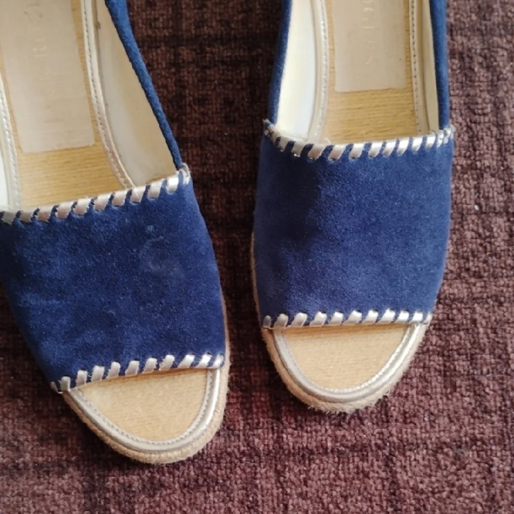 Jack Rodgers Elegant Blue Suede Wedge Sandals, Size 9M